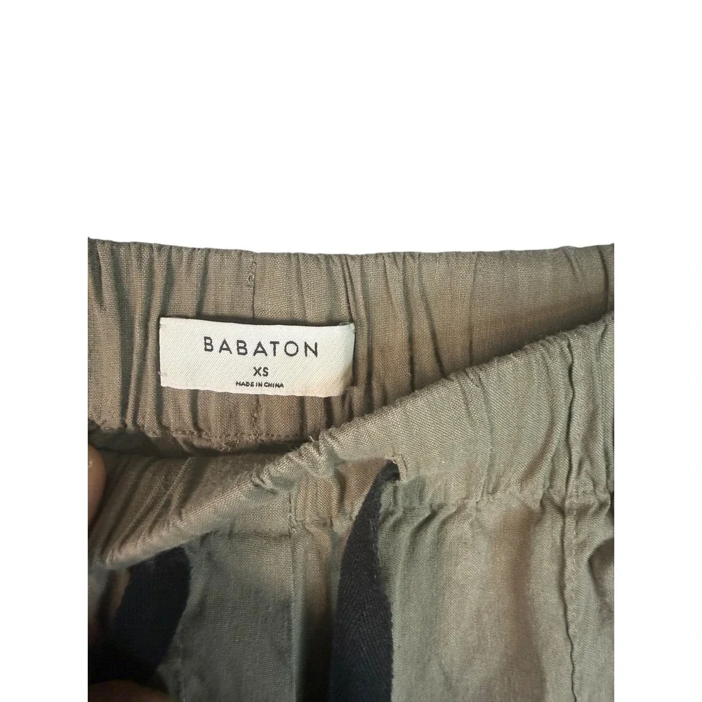 Aritzia Babaton Linen Blend Tapered Drawstring Pants XS Olive‎ Green Seam Front